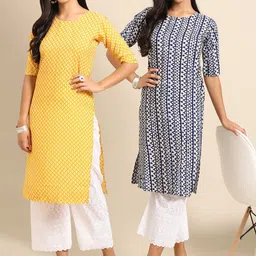 KALINI Women Pack of 2 Yellow & Blue Geometric Print Crepe Kurta-image-51