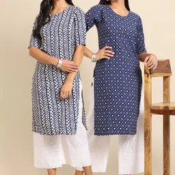 KALINI Women Pack of 2 White & Blue Ethnic Motifs Printed Crepe Kurta-image-74