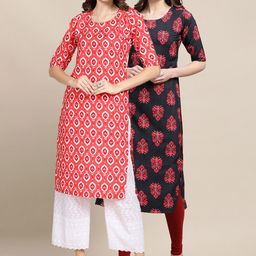 KALINI Set of 2 Women Printed Block Print Handloom Crepe Straight Kurta-image-97