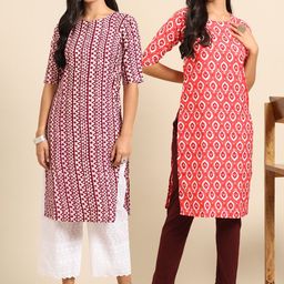 KALINI Women Pack Of 2 Maroon & Pink Ethnic Motifs Printed Crepe Kurta-image-56