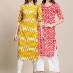 KALINI Women Pack Of 2 Yellow & Coral Printed Crepe Straight Kurta-image-30
