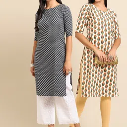 KALINI Women Pack Of 2 Black & Cream-Coloured Ethnic Motifs Printed Crepe Kurta-6