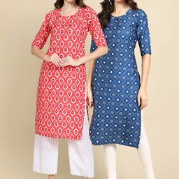 KALINI Women's Crepe Red & Blue Color Ethnic Motif Printed Straight Kurta PACK OF 2-picture-4