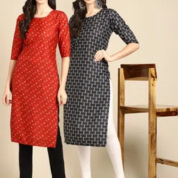 KALINI Women Red & Black Pack Of 2 Geometric Printed Block Print Handloom Crepe Kurta-49
