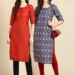 KALINI Women's Crepe Red & Blue Color Printed Straight Handloom Kurta (PACK OF 2)-25