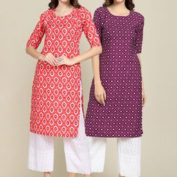 KALINI Women Pack Of 2 Orange & Violet Geometric Printed Summer Sheers Crepe Kurta-picture-20