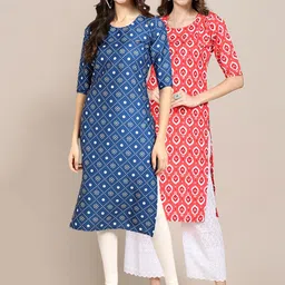 KALINI Women Set Of 2 Red & Blue Geometric Printed Crepe Straight Kurta-image-79