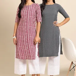 KALINI Women Pack Of 2 Maroon & Black Geometric Printed Crepe Kurta-image-82