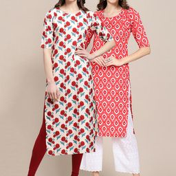 KALINI Women Pack Of 2 Cream-Coloured & Red Floral Printed Summer Sheers Crepe Kurta-image-1