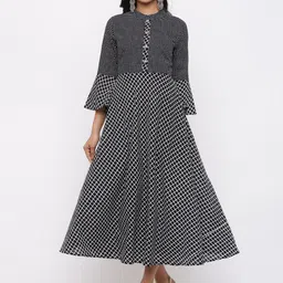 FABRIC FITOOR Checked Bell Sleeves Pure Cotton A-line Ethnic Dress-image-37