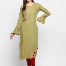KALINI Women Green Flared Sleeves Thread Work Kurta-36