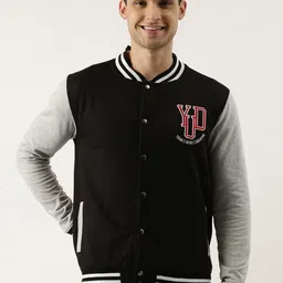 Maniac Men Black & Grey Colourblocked Varsity Jacket Button Down With Embroidered-image-25