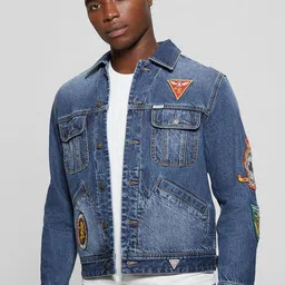 GUESS Men Spread Collar Washed Solid Cotton Casual Denim Jacket-image-5