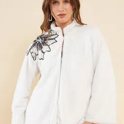 Antheaa White Embellsihed Fur Self Design Spread Collar Tailored Jacket-image-62