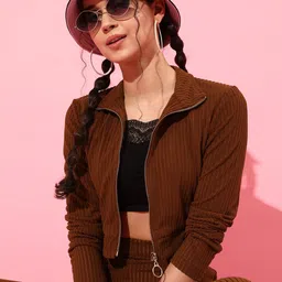 STREET 9 Women Brown Striped Crop Tailored Jacket-34