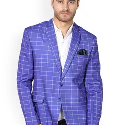 Hangup Men Royal Blue Checkered Single-Breasted Formal Blazer-45