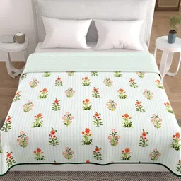 HOME AFFAIRS Off White & Green Floral Cotton AC Room 300 GSM Double Bed Dohar-picture-55