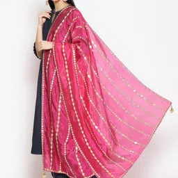Dupatta Bazaar Fuchsia & Gold-Coloured Embroidered Dupatta with Gotta Patti image 3