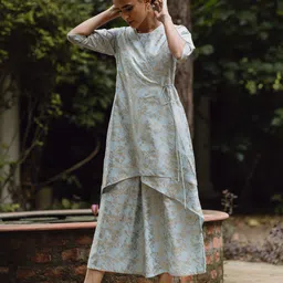 W Women Blue & Gold-Toned Printed Basic Layered Jumpsuit-15