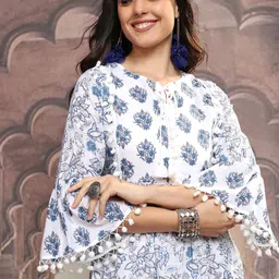Vishudh White Floral Printed Tie-Up Neck Flared Sleeves Gathered A-Line Dress-image-43