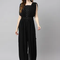 Purple State Black & Silver Yoke Print Thread Work Attached Dupatta Basic Jumpsuit & Belt-image-47