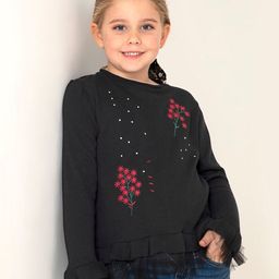 Cherry Crumble Girls Black & Pink Floral Pullover with Embroidered Detail-image-57