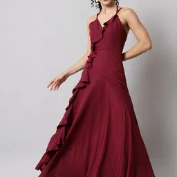 Emeros Burgundy Crepe Stylized Back Ruffles Layered Maxi Dress-picture-44
