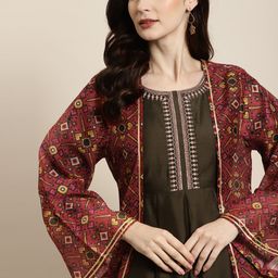 Shae by SASSAFRAS Women Maroon & Green Patola Longline Front Open Shrug-19