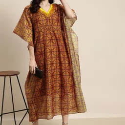 Shae by SASSAFRAS Mustard Yellow & Green Patola Kaftan Dress With Slip-image-94