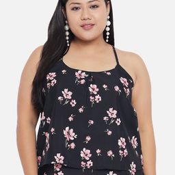 Indietoga Plus Size Black Floral Print Crepe Tank Tops-picture-22