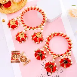 Bhaiya Bhabhi 24-104-RED-KADA-2 PCS-3TOPI, Rakhi for brother Mauli Thread Rakhi, Greeting Card, Chawal Roli Pack Set-25