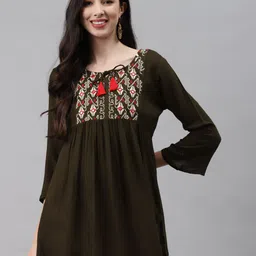 JC4U Ethnic Motifs Yoke Design Mirror Work A-Line Kurti-picture-19