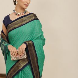Ishin Sea Green Checked Zari Silk Cotton Saree-image-63