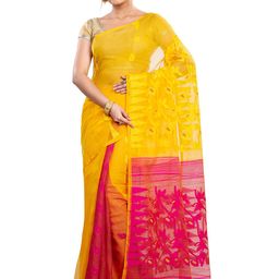 PuJoy Yellow & Red Woven Design Pure Cotton Jamdani Saree-picture-4