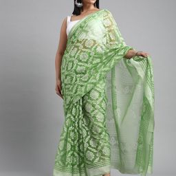 Mitera Green & White Ethnic Motifs Printed Brasso Chanderi Saree-image-91