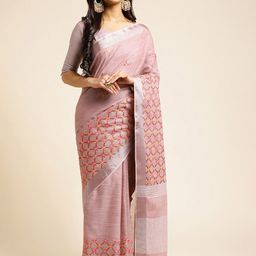 ALAGINI Floral Embroidered Pure Linen Chanderi Saree-image-5