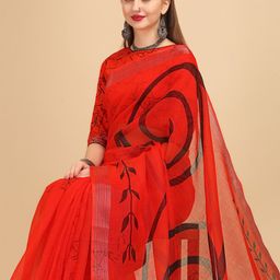 Sangria Red & Black Printed Zari Pure Linen Saree-image-58