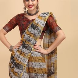Sangria Mustard & Black Abstract Printed Pure Linen Saree-image-18