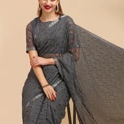 Sangria Grey Floral Beads and Stones Lace Saree-image-37