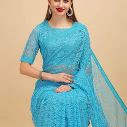 Sangria Teal Floral Beads and Stones Lace Saree-picture-24