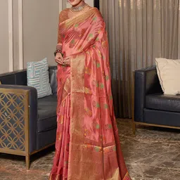 Mitera Pink & Green Floral Woven Design Zari Organza Saree-25
