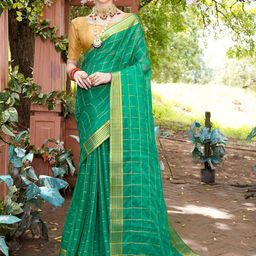 Anouk Turquoise Blue & Gold-Toned Checked Zari Saree-image-5