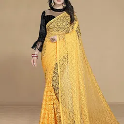 KALINI Women Yellow Floral Net Saree With Unstitched Blouse-picture-17