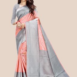 Anjaneya Sarees Peach-Coloured & Grey Floral Zari Silk Blend Saree-image-43