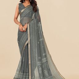 MIRCHI FASHION Grey & White Floral Printed Zari Block Print Saree-image-65