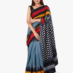 KIAARON Ikat Hand Block Printed Pure Cotton Saree-image-42