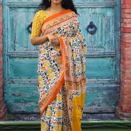 JALTHER Ethnic Motifs Block Print Jaipuri Pure Cotton Mulmul Saree image 1
