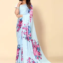 HERE&NOW Blue & Pink Floral Printed Satin Saree-picture-58