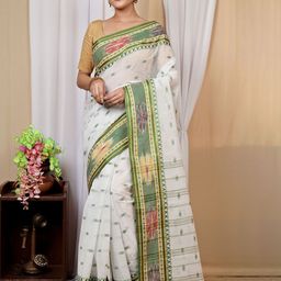 PuJoy Ethnic Motifs Woven Design Zari Pure Cotton Taant Saree-image-99