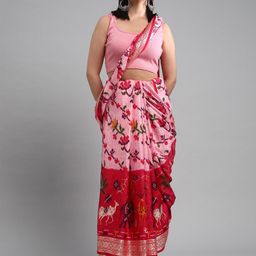 Mitera Pink & Red Floral Woven Design Zari Pochampally Saree-image-34